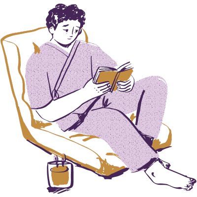 Sesion Bioneuroemoción en Línea Ilustración de un chico leyendo en su sillón con una taza de café.
